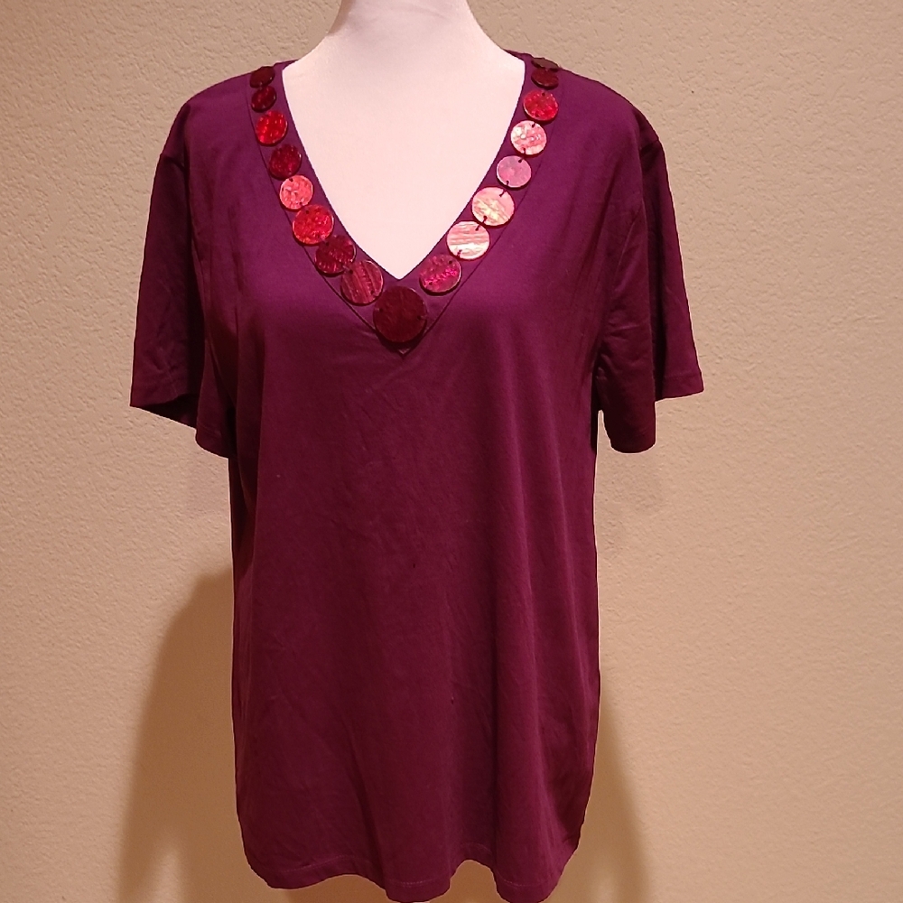 JM Collection Purple V-Neck Top Size L